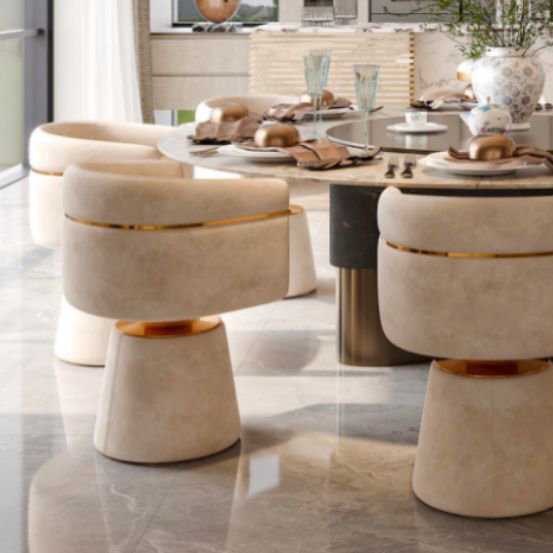 Marble Dining Table with Gold-Band Barrel Dining Chairs - Image 3